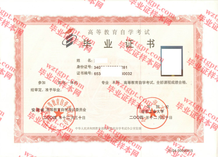 2004年合肥工业大学自考毕业证样本