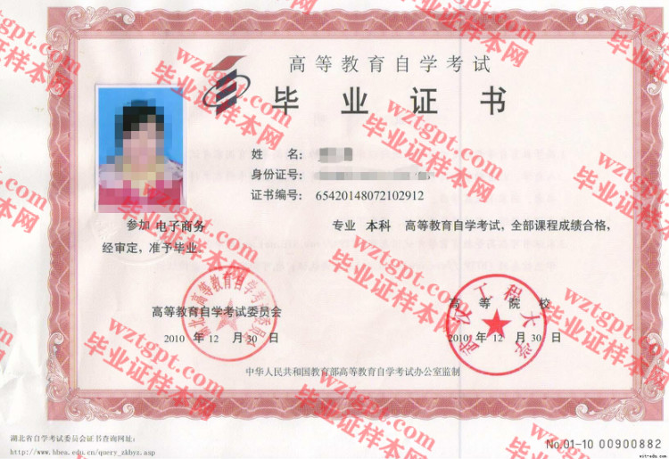 2010年武汉工程大学自考毕业证样本