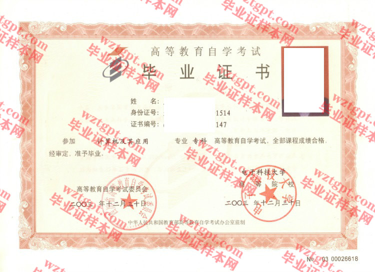 2003年电子科技大学自考毕业证样本