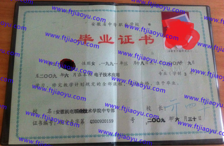 2009年安徽机电职业技术学院中专部中专毕业证样本