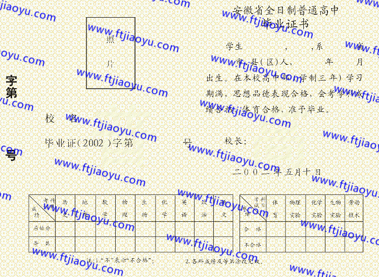 2002年安徽省高中毕业证样本