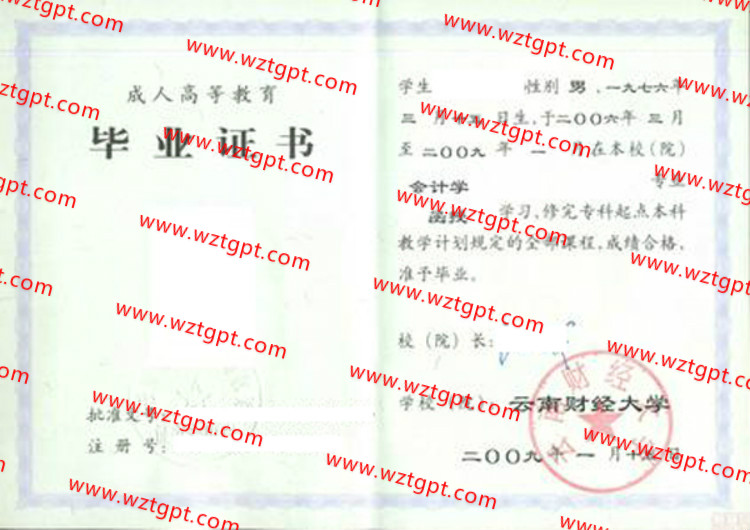 云南财经大学毕业证样本