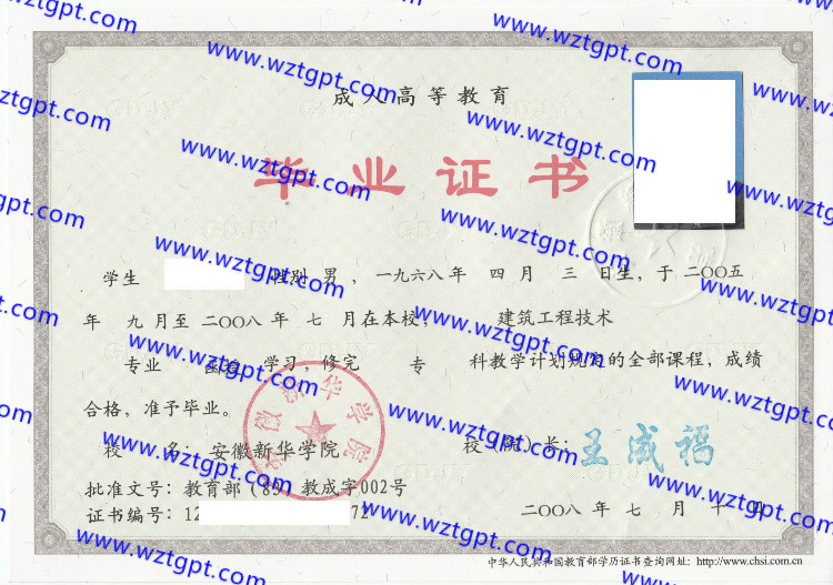 安徽新华学院毕业证样本