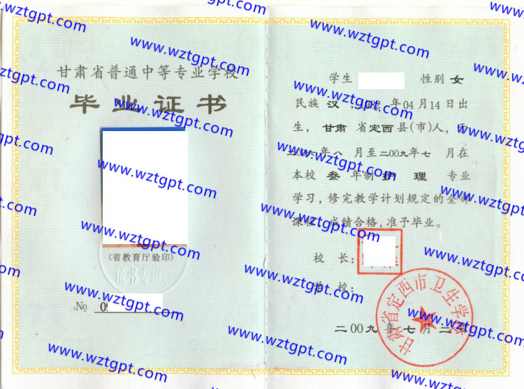 甘肃省定西市卫生学校中专毕业证样本