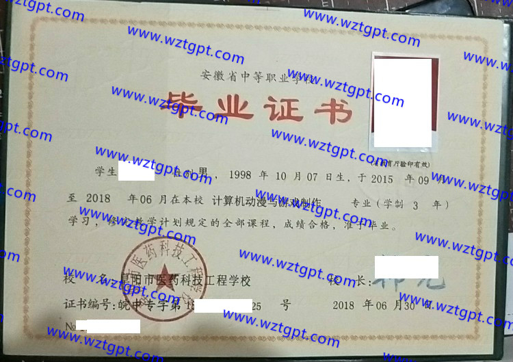 阜阳市医药科技工程学校中专毕业证样本