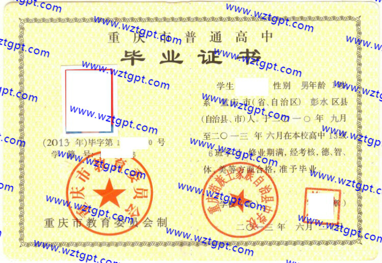 重庆苗族土家族自治县中学校高中毕业证样本
