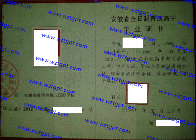 安徽省蚌埠美佛儿国际学校高中毕业证样本