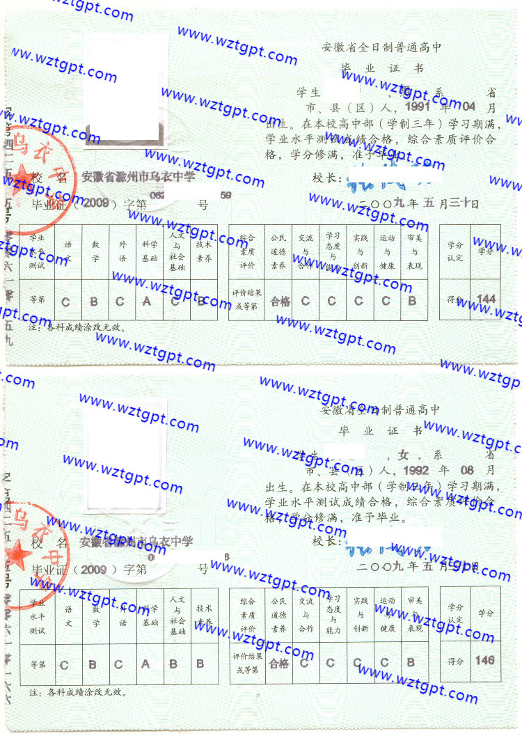 安徽省滁州市乌衣中学高中毕业证样本