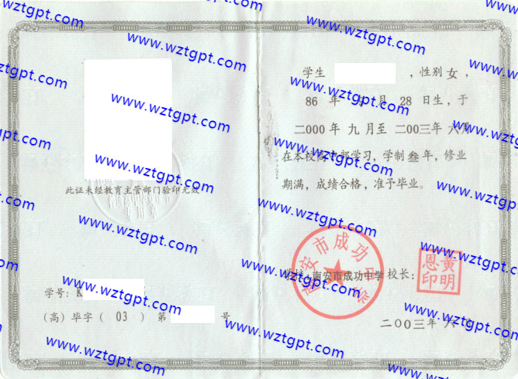 南安市成功中学高中毕业证样本