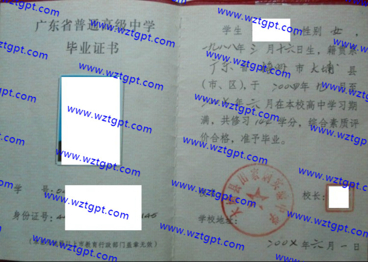 大埔县田家炳实验中学高中毕业证样本