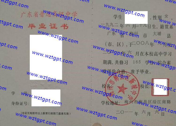 梅州市梅县区新城中学高中毕业证样本
