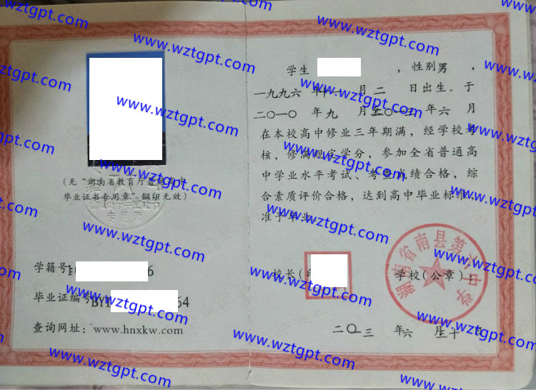 湖南省南县第六中学高中毕业证样本