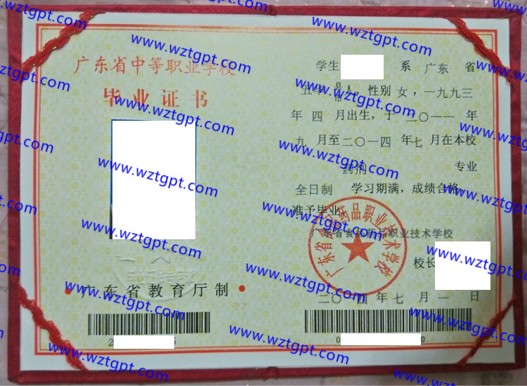广东省食品药品职业技术学校中专毕业证样本