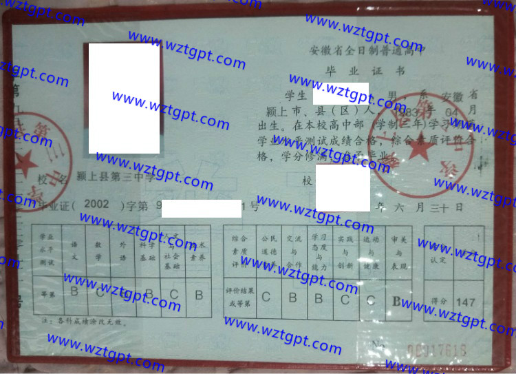 颍上县第三中学高中毕业证样本
