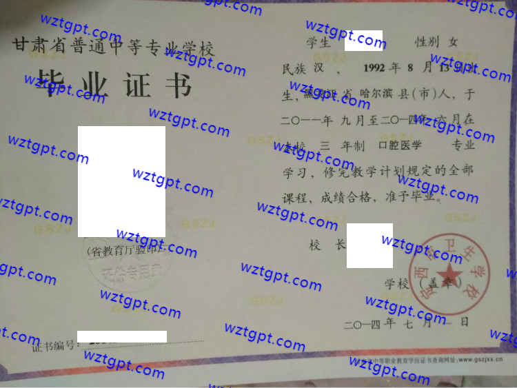 定西市卫生学校中专毕业证样本