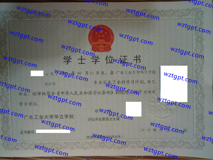 广东工业大学华立学院学位证书样本