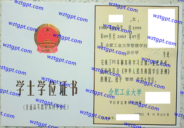合肥工业大学学士学位证书样本