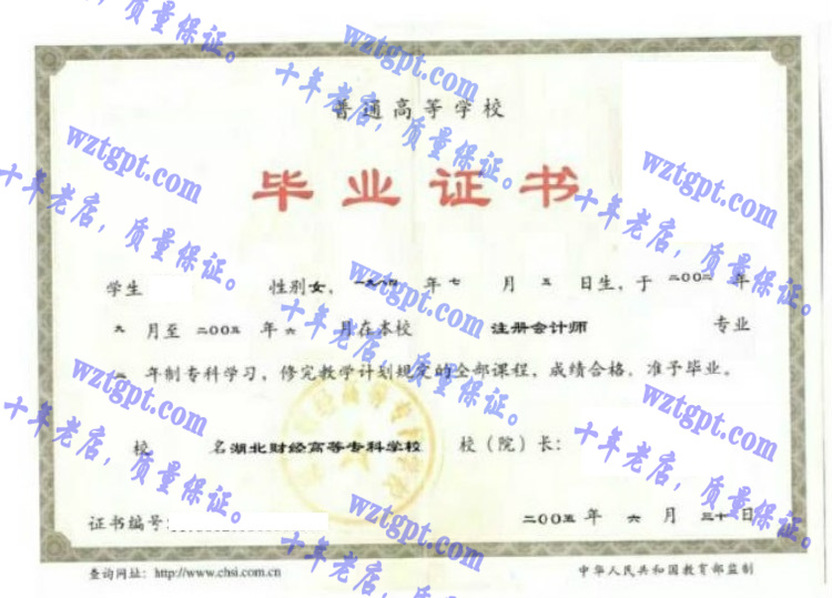 湖北财经高等专科学校毕业证样本