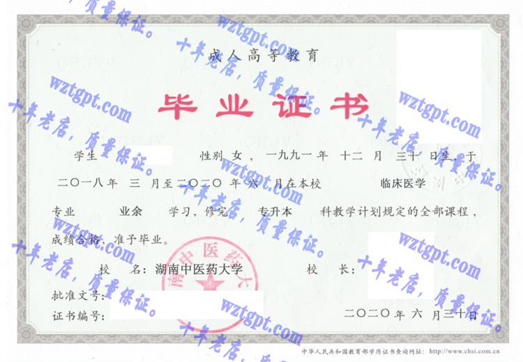 湖南中医药大学毕业证样本