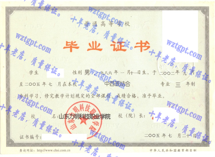 山东力明科技职业学院毕业证样本