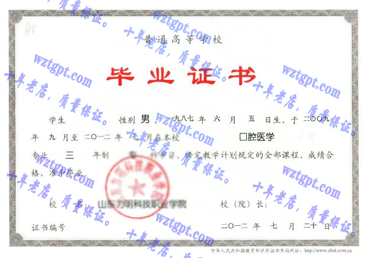 山东力明科技职业学院毕业证样本