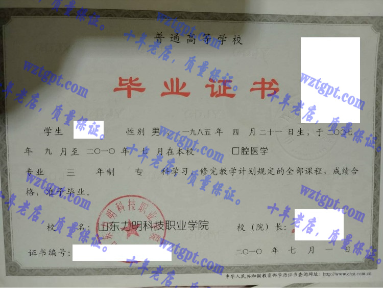 山东力明科技职业学院毕业证样本