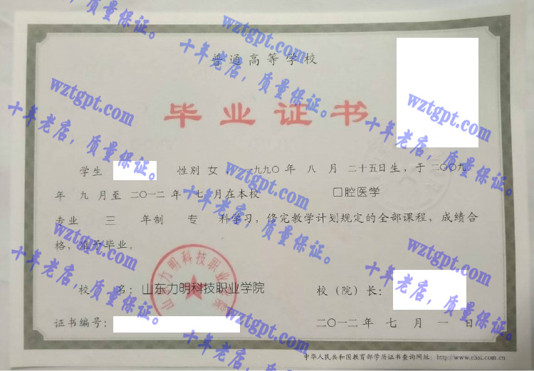 山东力明科技职业学院毕业证样本