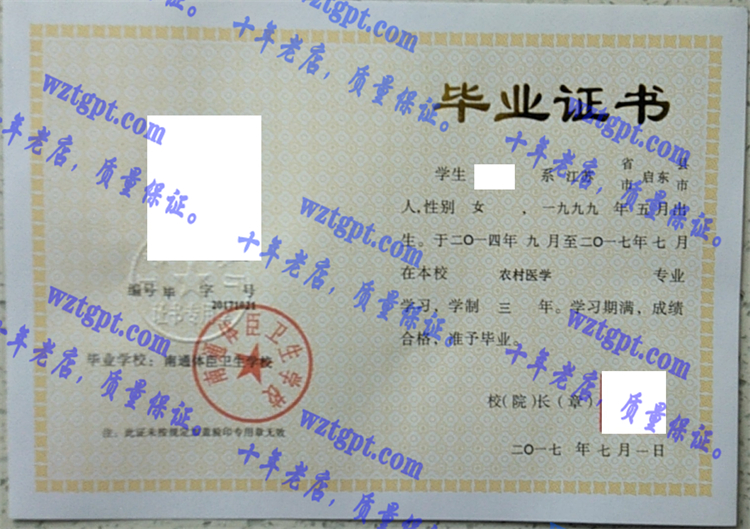 南通体臣卫生学校毕业证样本