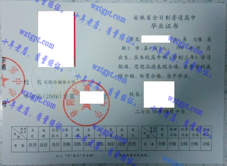 阜阳市城郊中学毕业证样本