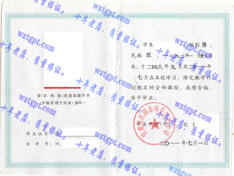 甘肃省庆阳市环县第四中学毕业证样本