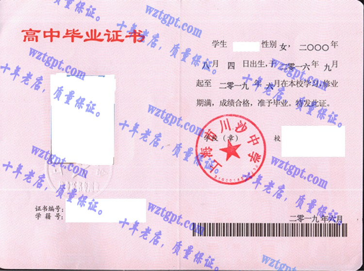上海市川沙中学毕业证样本