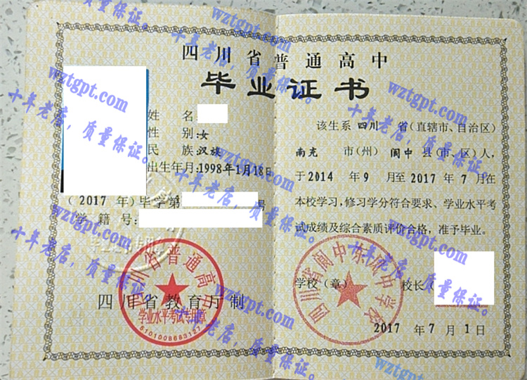 四川省阆中东风中学校毕业证样本