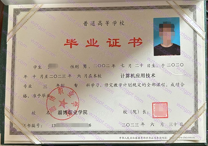 淄博职业学院2023年专科毕业证书样本图片(计算机应用技术)