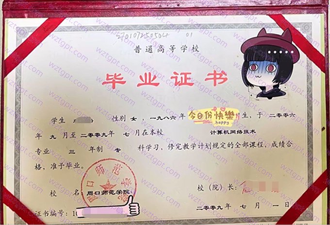 周口师范学院2009年专科毕业证书样本图片(计算机网络技术)