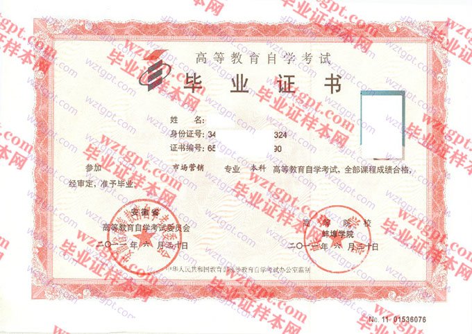 蚌埠学院2011年自学考试本科毕业证书样本图片(市场营销)