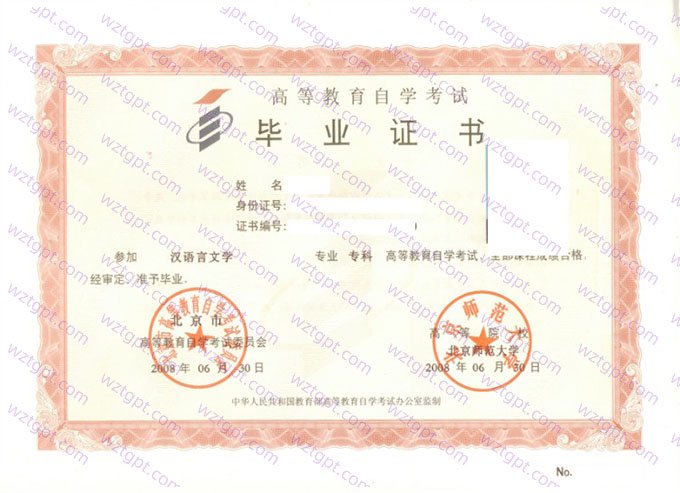 北京师范大学2008年自学考试专科毕业证书样本图片(汉语言文学)